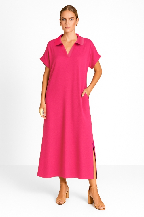 Rochie roz lunga de vara din vascoza satinata cu buzunare