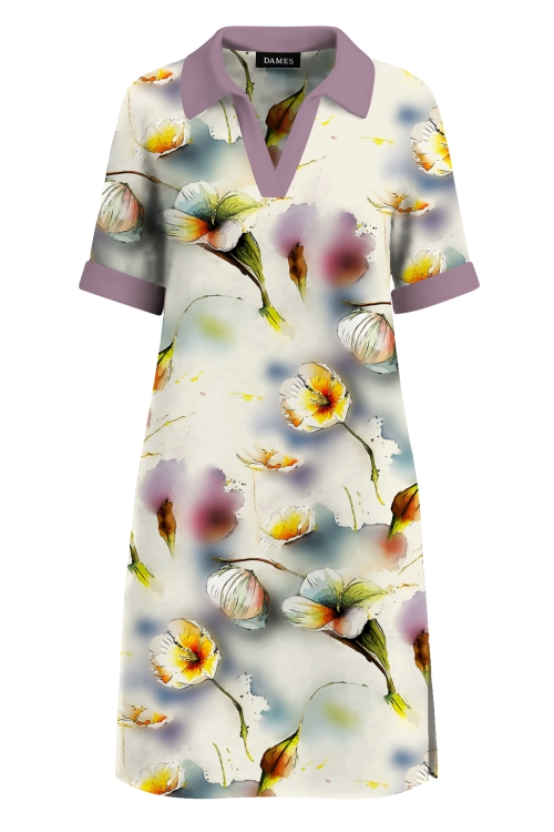 Rochie smart casual cu maneca scurta si imprimeu floral pastel