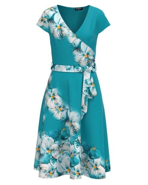 Rochie turcoaz de vara cu maneca scurta imprimata cu model Floral CMD2913 - Img 1