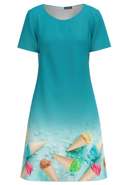 Rochie turcoaz evazata imprimata cu model Inghetata CMD4419 - Img 2