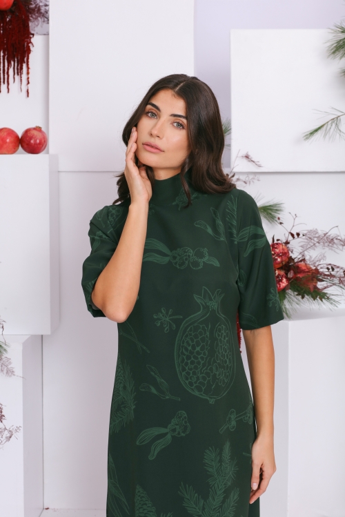 Rochie verde casual evazata cu guler inalt AW24 - Img 2
