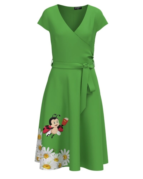 Rochie verde de vara cu maneca scurta imprimata Buburuza