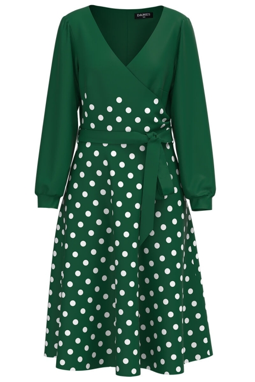 Rochie verde eleganta cu maneca lunga imprimata buline CMD1816 - Img 2