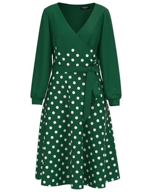 Rochie verde eleganta cu maneca lunga imprimata buline CMD1816 - Img 1