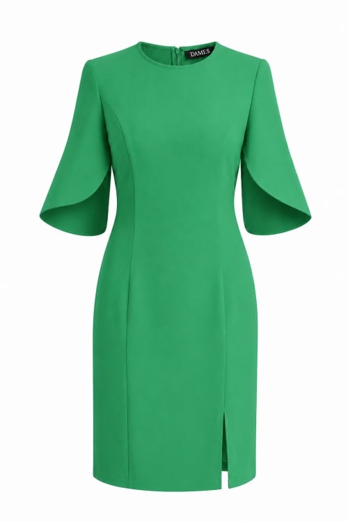 Rochie verde eleganta cu maneci asimetrice si slit pe picior