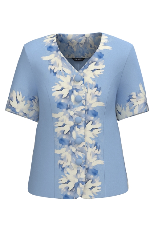 Sacou bleu ciel cambrat cu maneca scurta si model floral