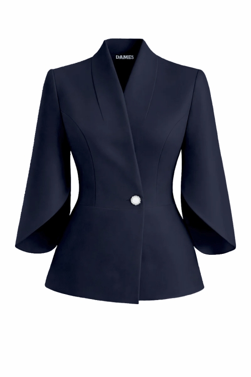 Sacou bleumarin elegant cu maneci trei sferturi asimetrice