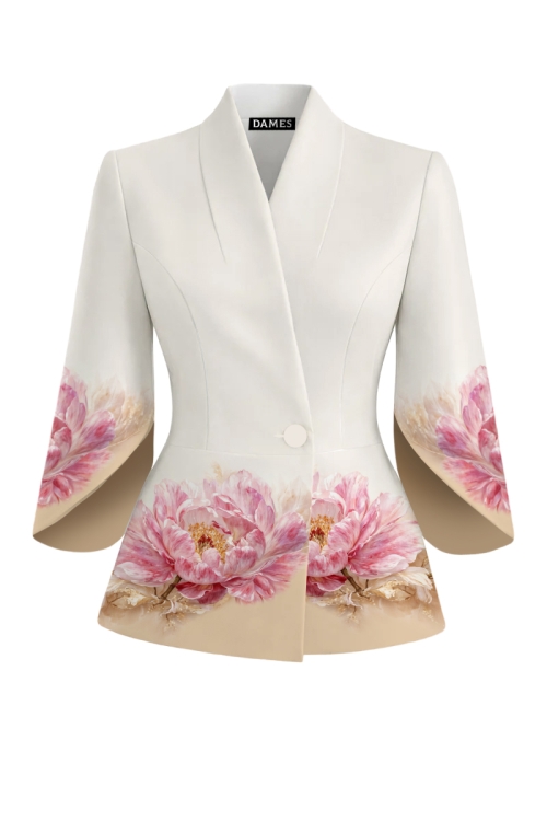 Sacou elegant cu maneci trei sferturi asimetrice imprimat floral
