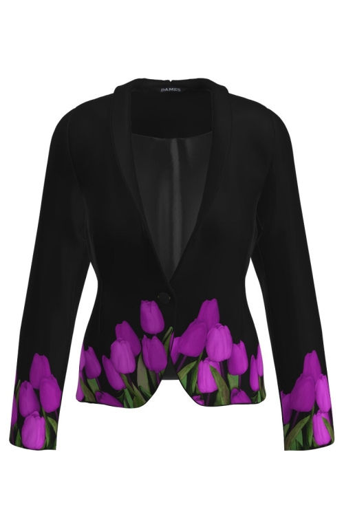 Sacou negru cambrat imprimat cu model Lalele CMD3954 - Img 2