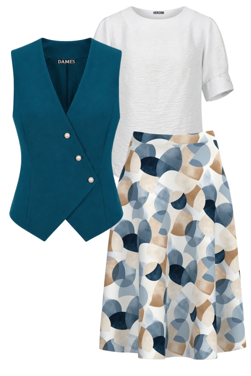 Set cu vesta turcoaz, bluza din vascoza si fusta clos imprimata geometric