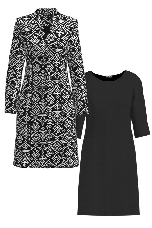 Set dama pardesiu din stofa jacquard Aztec si rochie neagra dreapta in clini din bengaline