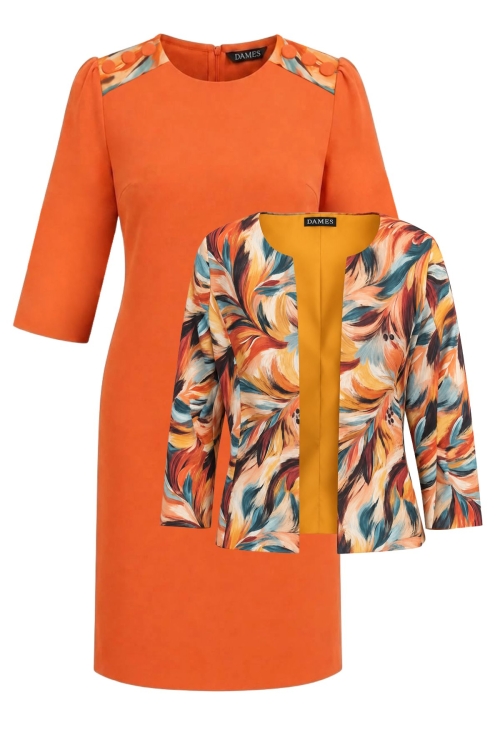 Set dama Pensule de Acuarela sacou si rochie oranj cu detalii decorative pe umeri