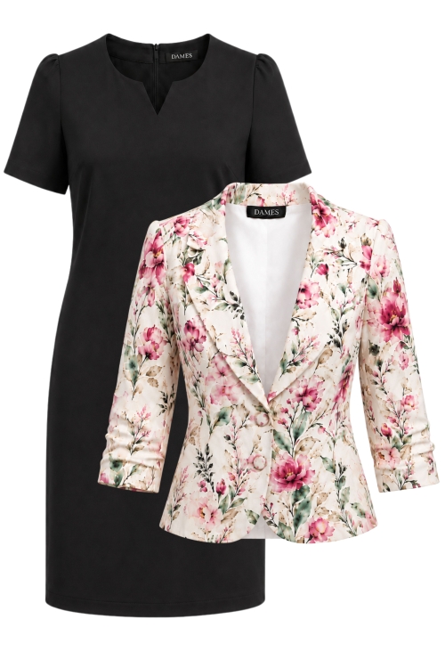 Set dama sacou cu maneca incretita si rochie neagra cu decupaj in V
