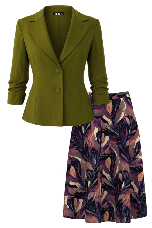 Set dama sacou verde oliva cu maneca incretita si fusta de vara cu imprimeu flori in amurg