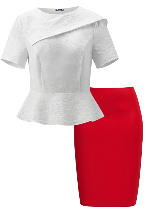 Set elegant bluza alba cu detaliu si fusta conica rosie