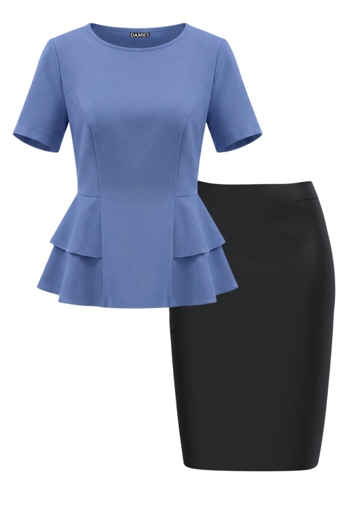 Set elegant bluza denim cu volane laterale si fusta conica neagra