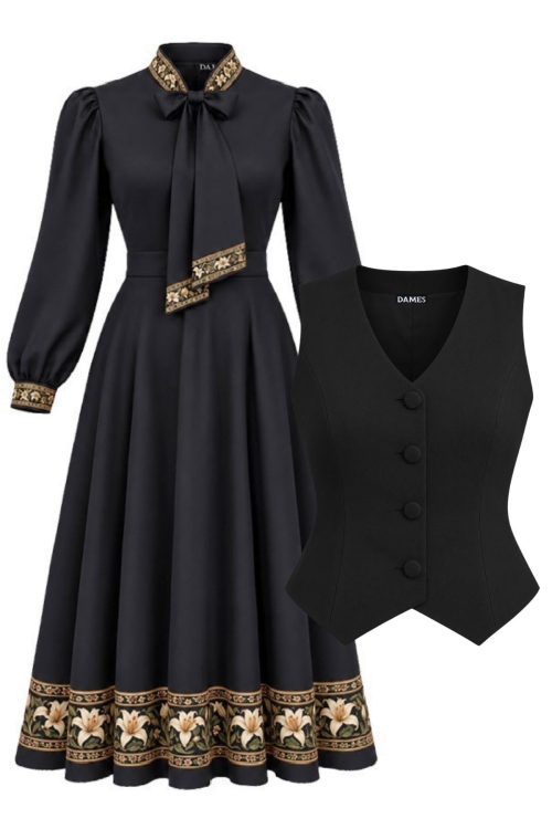 Set elegant rochie neagra cu guler esarfa si vesta neagra eleganta