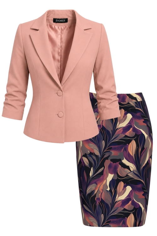 Set elegant sacou roz pudra cu maneca incretita si fusta conica Flori in amurg