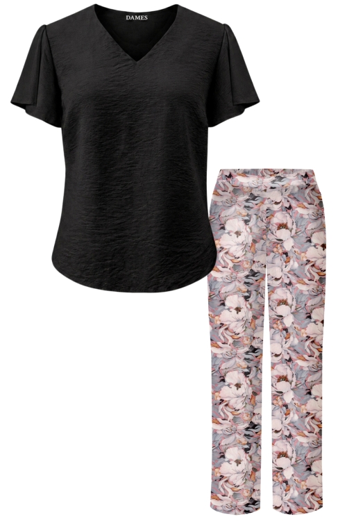 Set pantalon drept Soapta de Bujori si bluza neagra cu maneci despicate