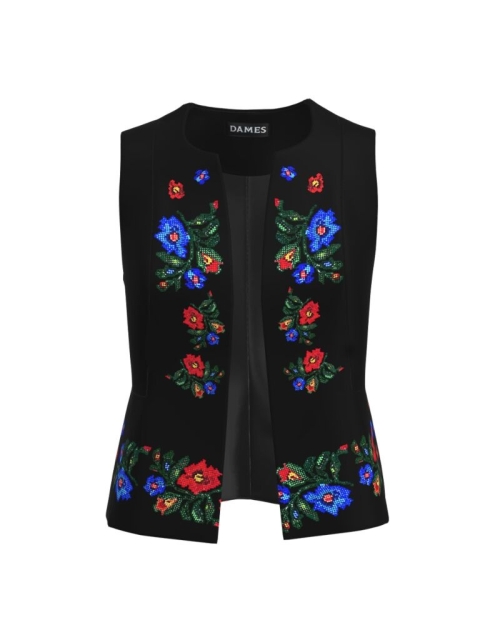 Vesta neagra imprimata cu model floral traditional CMD3800