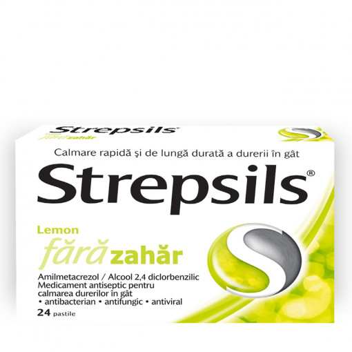 Strepsils Lemon fara zahar, 24 pastile de supt