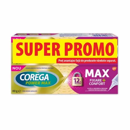 Crema adeziva pentru proteza dentara Corega Max Fixare + Confort, 2 x 40g