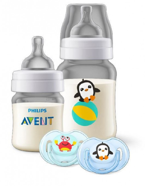 AVENT Set Cadou Clasic Biberon x125ml, Biberon x260ml, Suzete designe marin x2buc 0L+ SCD374/01