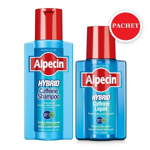 Pachet Alpecin Hybrid: Sampon Caffeine pentru scalp sensibil 250ml + Tratament fara clatire 200ml