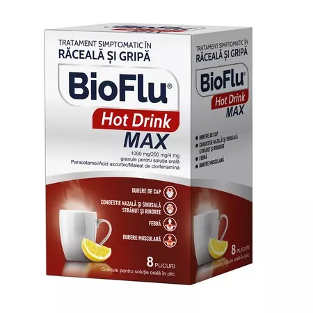 Bioflu Hot Drink Max – raceala si gripa cu febra mare, 8 plicuri | Biofarm