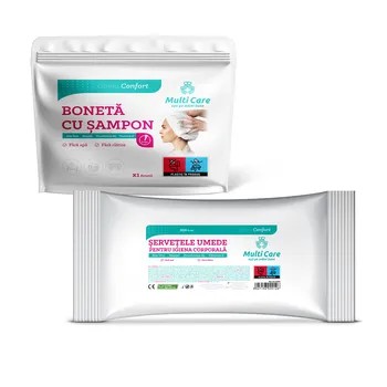 Servetele umede igiena corporala Confort + Boneta cu sampon, Multi Care