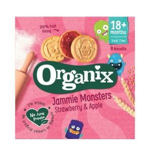Biscuiti Bio cu umplutură de căpșuni și mere, 18 luni+, 64 g, Organix