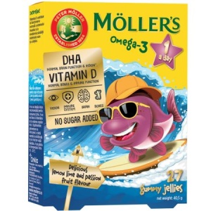 Pestisori gumati cu Omega-3 si aroma de lamaie verde si fructul pasiunii, 27 jeleuri, Mollers - Img 2