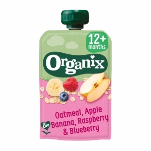 Piure Bio din ovăz cu mere, banane, zmeură și coacăze, +12 luni, 100 g, Organix