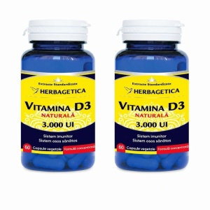 Pachet Vitamina D3 Naturală 3000 UI, 2 x 60 capsule vegetale, Herbagetica