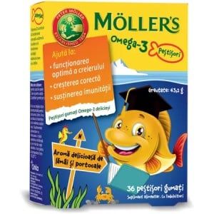 Pestisori gumati cu Omega 3, aroma portocale, 36 jeleuri, MollerS - Img 1