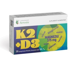 K2+D3+Magneziu 375 mg, 30 comprimate, Laboratoarele Remedia