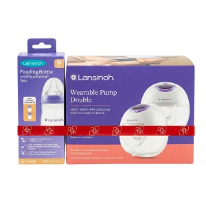 Pachet Pompă de sân electrică dublă portabilă + Biberon 160 ml cu tetină NaturalWave, Lansinoh