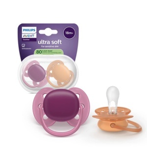 Suzeta Ultra Soft Pacifier Philips Avent, Mov/Portocaliu, 18 luni+, SCF093/03, 2 bucăți, Philips
