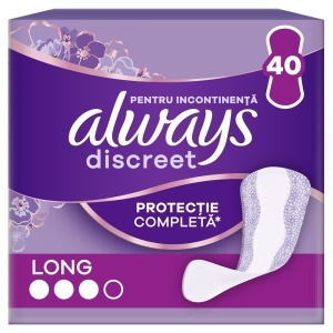 Always Discreet Liners Long Absorbante Zilnice pentru Pierderi Urinare, 40 bucăți