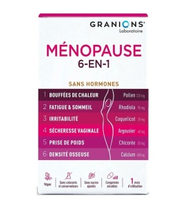 Granions Menopause 6 in 1 cu rodiola, bujor, catina, acid hialuronic, vitamine si minerale, 60 comprimate