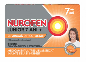 Nurofen Junior portocale 7+ ani, 100 mg, 12 capsule masticabile, Reckitt Benckiser