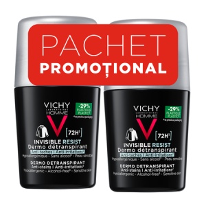 Pachet Deodorant Roll-On Antiperspirant pentru Bărbați Invisible Resist 72H, 50 ml + 50 ml, Vichy