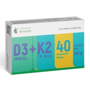 Laboratoarele Remedia Vitamina D3 2000 UI + Vitamina K2 75 mcg, 40 comprimate filmate