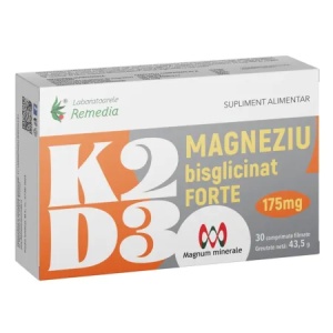K2 + D3 + Magneziu Bisglicinat Forte, 175 mg, 30 comprimate – Laboratoarele Remedia