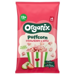 Organix Puffcorn Snack Bio cu Căpșuni și Mere, de la 12 luni, 4 x 10 g