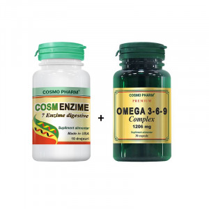 COSMOPHARM Pachet Cosmenzime, 10 drajeuri + Premium Omega 3-6-9 Ulei seminte de In, 30 cps