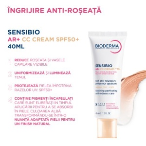 Cremă nuanțată anti-roșeață Sensibio AR+ CC Cream SPF50+, 40 ml, Bioderma - Img 3