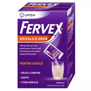 Fervex Raceala si Gripa pentru adulti, 500mg/200mg/25mg, 8 plicuri, Upsa