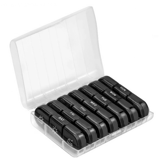 Cutie Depozitare Medicamente, Flippy, 7 Zile, 21 Compartimente, Cutie Suport, Recipiente Detasabile, Portabila, Compartimente Negre, Cutie Transparenta, 15.6x12 cm