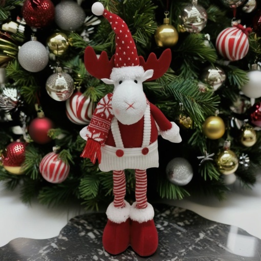 Figurina Decorativa, Pentru Craciun, Flippy, Ren, Picioare Telescopice, Inaltime Reglabila 44-54cm, Caciula cu Inimioare, Alb/Rosu